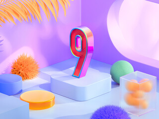 Minimal abstract colorful background for number 9 presentation. Product podium on iridescent holographic round background. 3D rendering illustration.