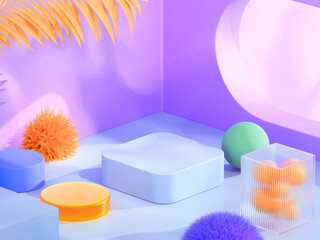Minimal abstract multicolored background for product presentation. Product podium on iridescent holographic round background. 3D rendering illustration.