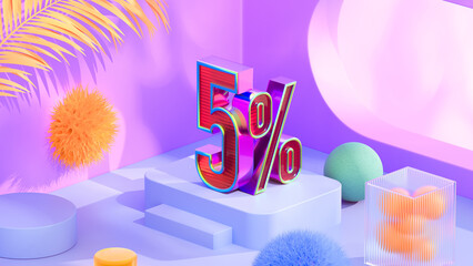 Minimal abstract colorful background for 5 percent off sale presentation. Product podium on iridescent holographic round background. 3D rendering illustration.