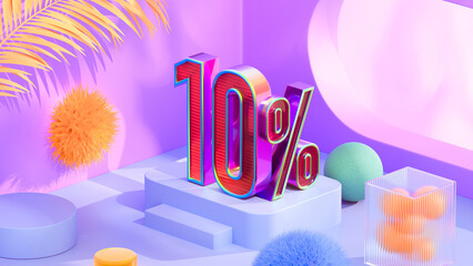 Minimal abstract colorful background for 10 percent off sale presentation. Product podium on iridescent holographic round background. 3D rendering illustration.