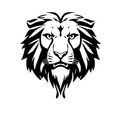 Obraz premium Stylized black and white vector graphic of a lion's head looking directly forward, showing its mane, eyes, and mouth