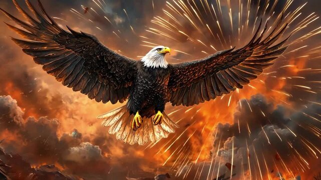 Majestic bald eagle soaring amidst fiery explosions and dramatic skies Happy 4th of July, Independence Day USA