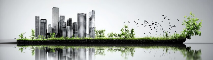 Obraz premium Cityscape island, green growth, birds flying, water reflection; eco-concept