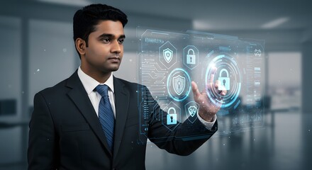 A cybersecurity concept featuring a businessman interacting with a holographic interface 

