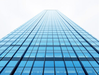 Low-angle view of a modern glass skyscraper exterior with reflective blue windows, showcasing contemporary architecture against a bright sky. Ai generative