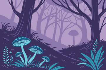 Obraz premium 70 Bioluminescent mushrooms, magical forest, glowing blue fungi, dark mystical woods, ethereal atmosphere, fantasy landscape, neon colors, enchanted forest floor, glowing spores, surreal nature scene,