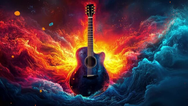 Fiery acoustic guitar surrounded by vibrant music notes and colorful waves