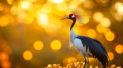 Naklejka premium Grey crowned crane standing in golden light with bokeh background.