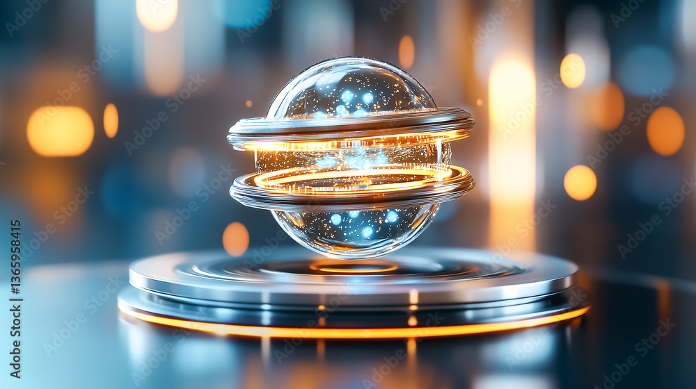 Poster glowing spherical object rotates on metallic base with dynamic light effects. ambient setting with b