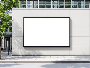 Empty billboard on a contemporary building facade with a light-colored wall, surrounded by urban elements and greenery. Ideal for advertising presentation. Ai generative