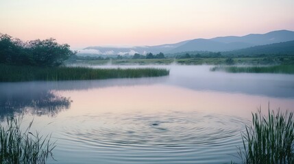 Fototapeta premium Tranquil dawn lake scene with mist, mountains, and reflective pastel sky