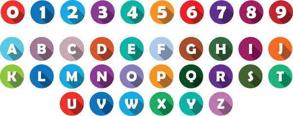 Colorful Numbers and Letters Icons on long shadow.