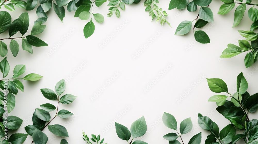 Poster Green leaves bordering white background creating empty space