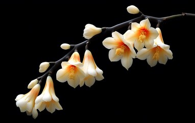 Elegant Creamy White Flowers Branch Isolated Black Background