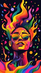 Fototapeta premium Vibrant abstract portrait with sunglasses and swirling flames on dark background