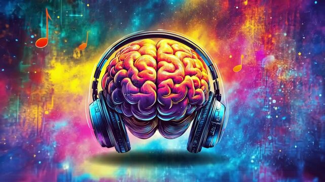 Vibrant brain wearing headphones in colorful musical galaxy