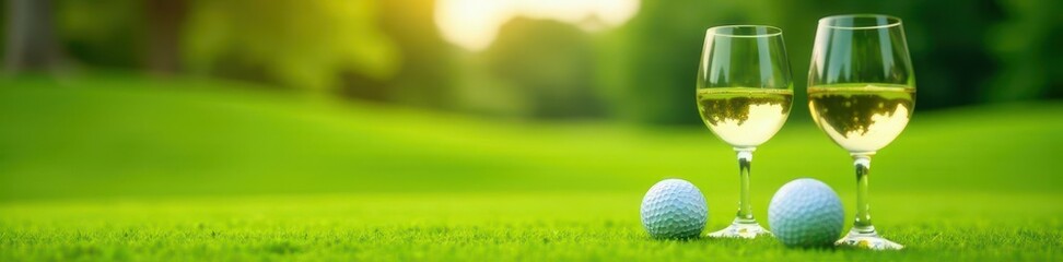 Obraz premium Two glasses of crisp white wine beside pristine golf balls on lush green , texture, idyllic