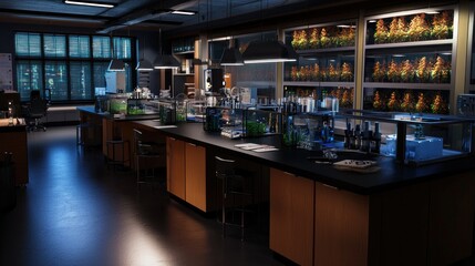 Modern laboratory filled with plants and scientific equipment, showcasing research in progress
