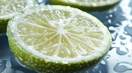 Close-up of juicy lime slices with water droplets, showcasing vibrant green color and texture.
