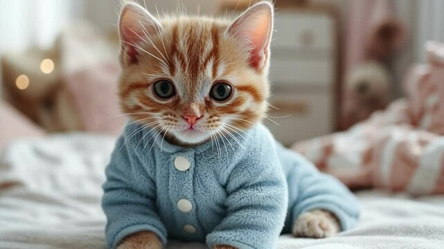 Cute ginger kitten in blue pajamas resting on bed