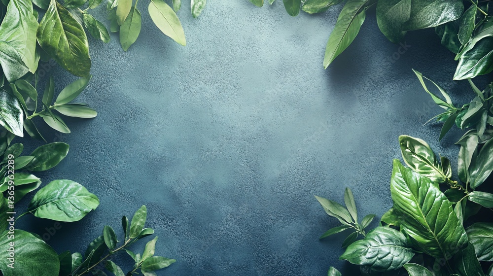 Poster tropical green leaves creating a frame on a textured teal background