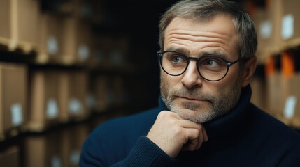 Obraz premium A contemplative man with glasses poses thoughtfully in a dimly lit warehouse.