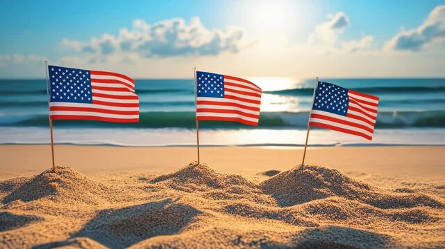 American flags on sandy beach with ocean waves and sunlight Happy 4th of July, Independence Day USA