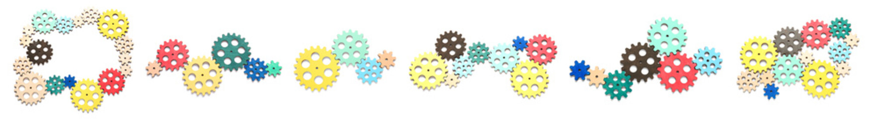 Set of many gear wheels on white background