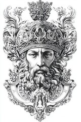 Highly detailed pencil sketch of a bearded man in an ornate crown with rich baroque elements and symbolic religious motifs