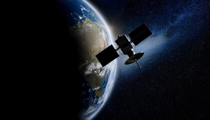 Silhouette of a satellite orbiting above the Earth with one side hidden