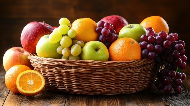 A wicker basket filled with assorted fresh fruits like apples, grapes, and oranges on a wooden table