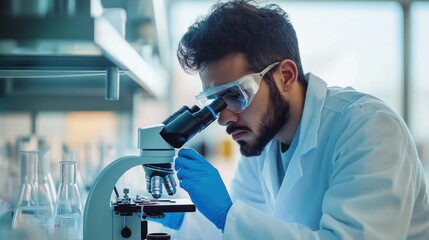 Focused scientist using microscope in laboratory.