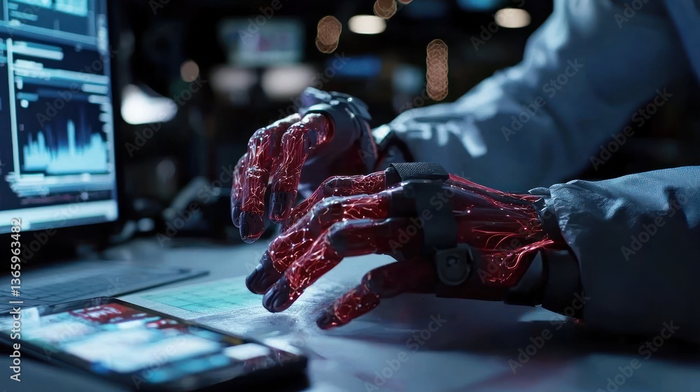 Poster futuristic robotic hands interact with technology in a modern workspace, showcasing advanced design