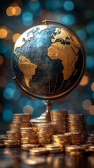 Sparkling currency stacks with earth map high resolution photo