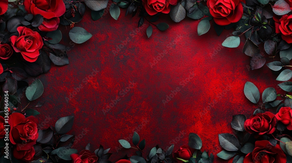 Poster red roses and leaves creating a border on red textured background