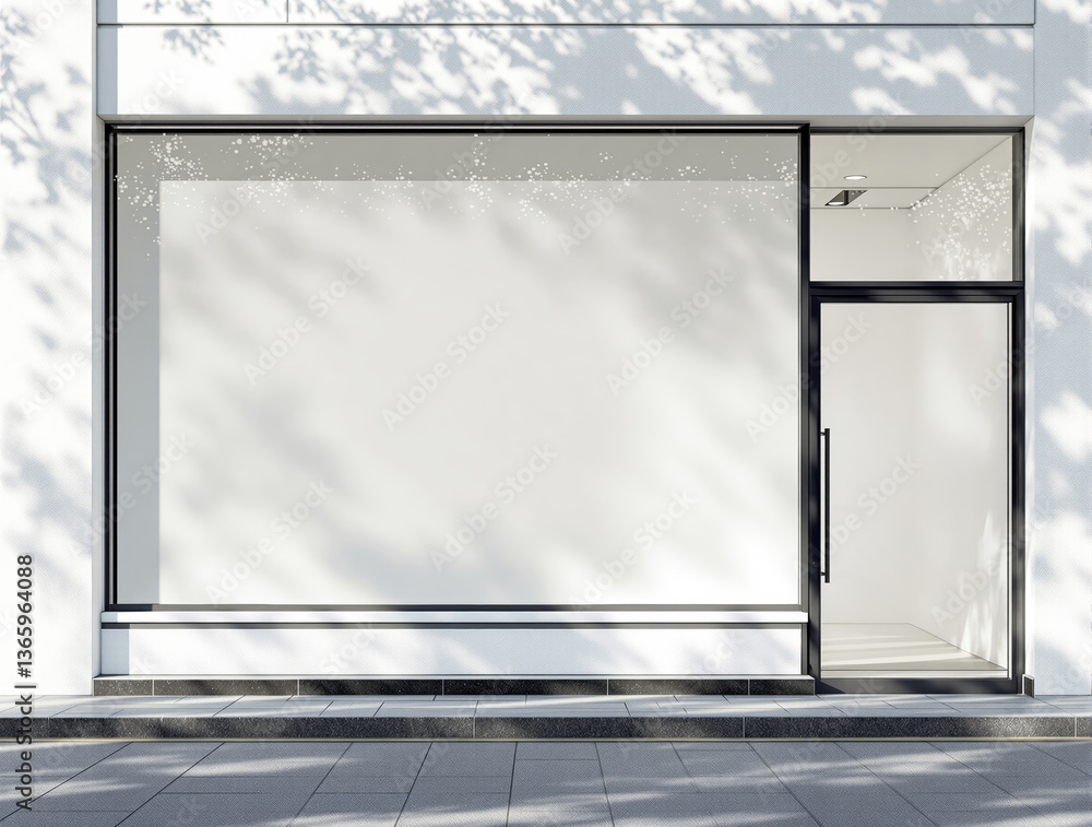 Poster empty storefront exterior with large blank window display and glass door on a modern building. shado