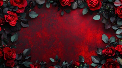 Red roses and leaves creating a border on red textured background