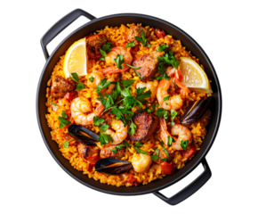 Vibrant kitchen experience seafood paella culinary adventure on transparent background