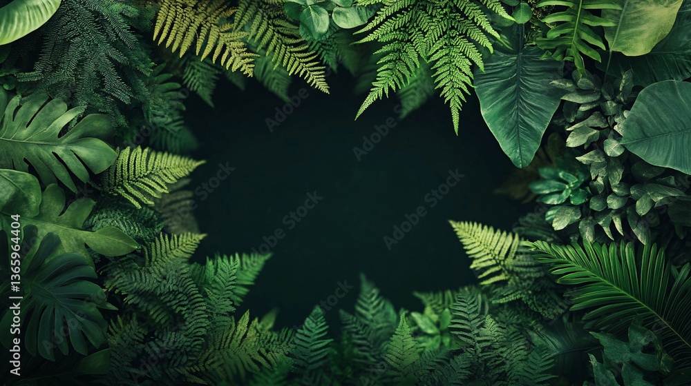 Poster tropical leaves creating a frame on dark background