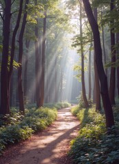 Obraz premium Serene forest path illuminated by soft sunlight through trees 