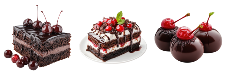 Black forest dessert isolated on transparent background. PNG ,Set of