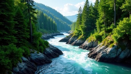 Fototapeta premium Turbulent river cuts through steep canyon walls, lush green foliage , force, rocks, environment