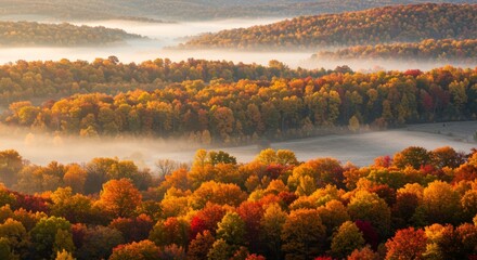Obraz premium A vast forest of golden, orange, and red autumn trees stretches across rolling hills
