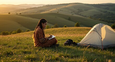 A young traveler (age 24) with long braids sits on a grassy hill, writing in a notebook. A lightweight eco-friendly tent is pitched nearby