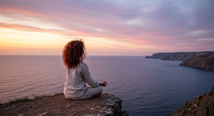 A young woman (age 28) with curly red hair and dark skin sits in lotus position at the edge of a breathtaking cliff, overlooking a vast ocean