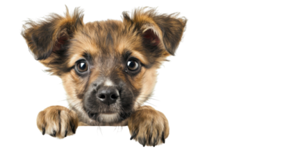 Cute puppy peeking over a blank surface with transparent background