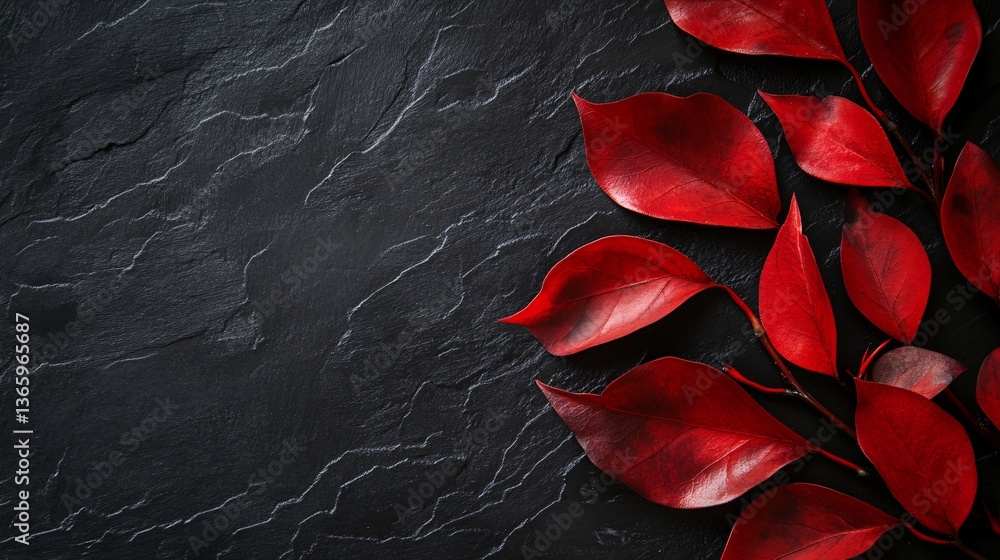 Poster red autumn leaves creating a vibrant contrast on dark stone background