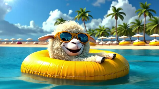 Cute cartoon sheep relaxing in pool with sunglasses on tropical beach. Eid al-Adha Mubarak. Kurban Bayram