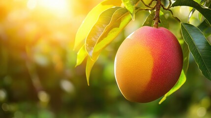A ripe mango hanging from a tree in a tropical garden with sunlight shining through the leaves