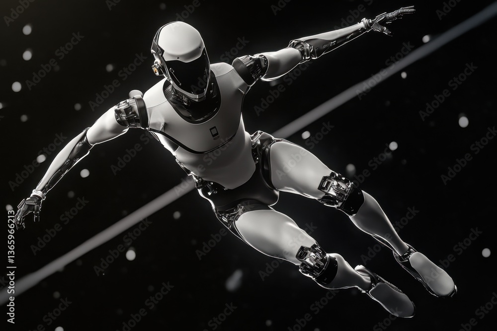 Poster robotic figure performing dynamic movements in a futuristic space environment